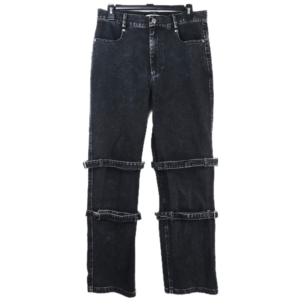 MODITEC Jeans Mens 30x29 Black Denim Buckle Strap Legs Goth Whimsigoth Rave Emo
